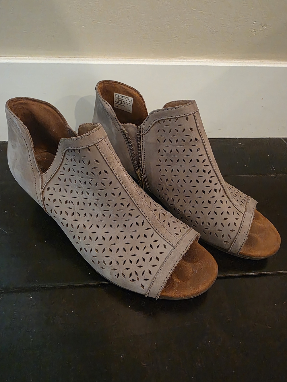 Cobb Hill Laser-Cut Peep-Toe Wedge Booties — Taupe